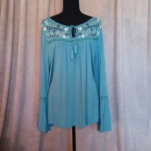 Boho Tunic with embroidery and bell sleeves blue XL NWOT